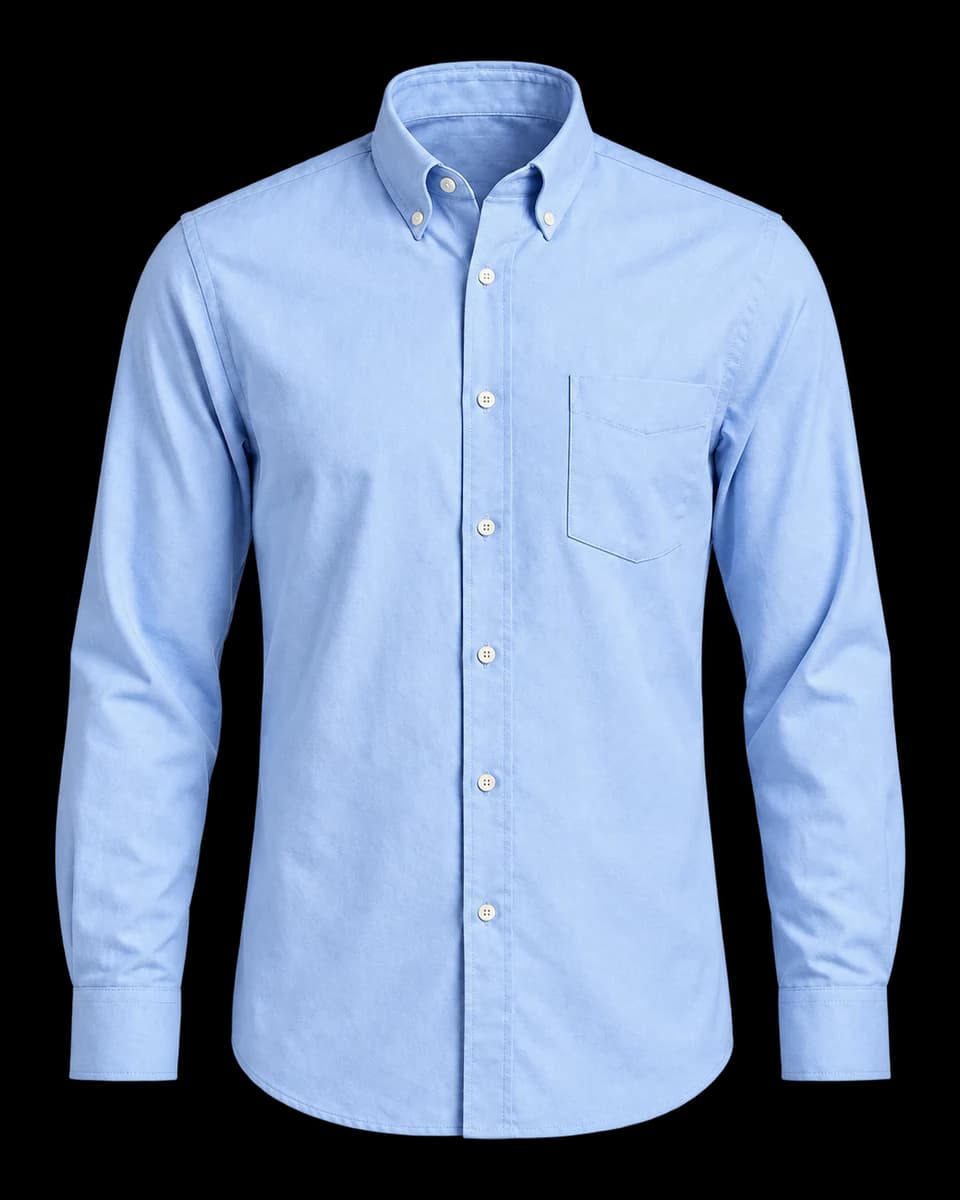 Camisa corporativa azul de manga larga, vista frontal, sin modelo.