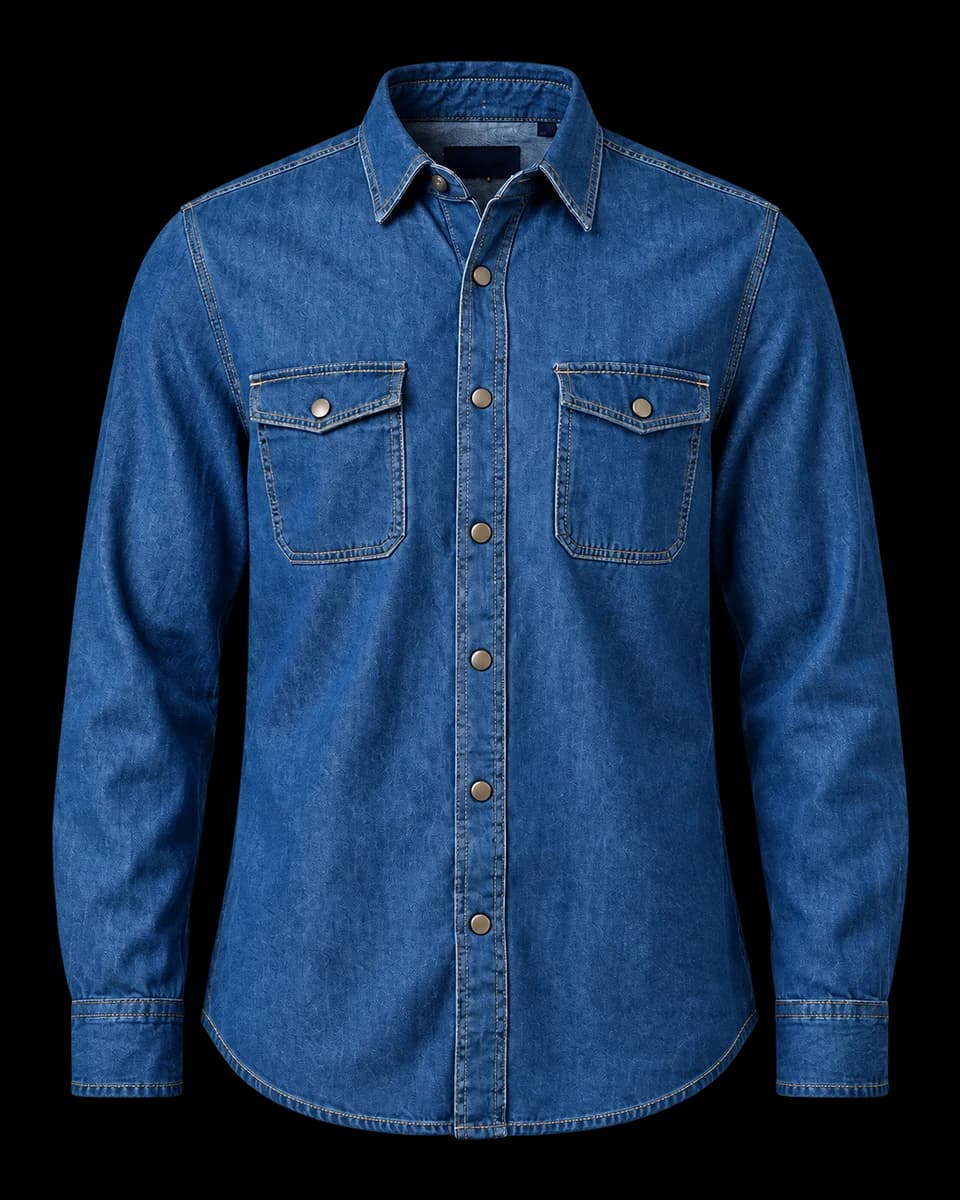Camisa de mezclilla índigo de manga larga, vista frontal, sin modelo.