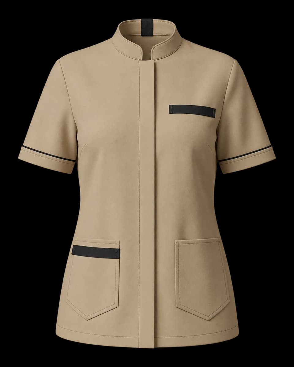 Uniforme hotelero beige de manga corta, vista frontal, sin modelo.