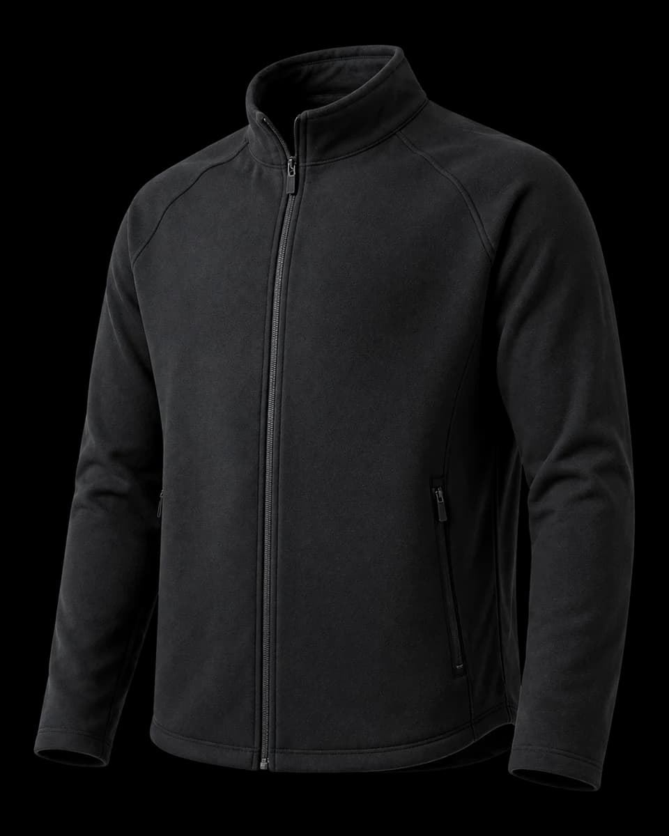 Chamarra industrial negra de softshell, vista frontal tres cuartos, sin modelo.