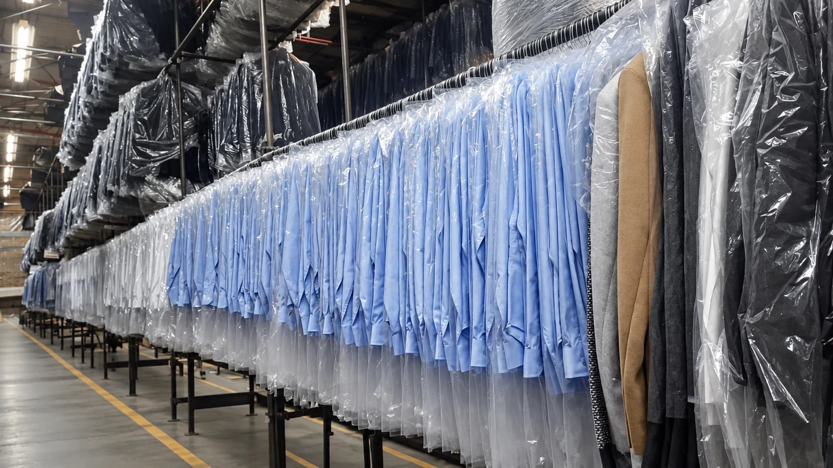 Filas de camisas azules protegidas y colgadas en un almacén textil.